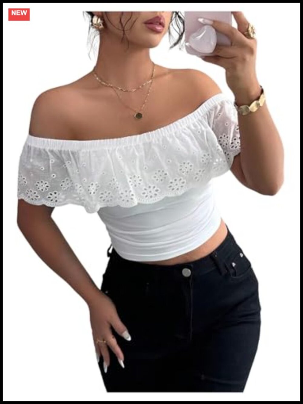 Off Shoulder Eyelet Foldover Ruched Crop Top Short Sleeve Y2K